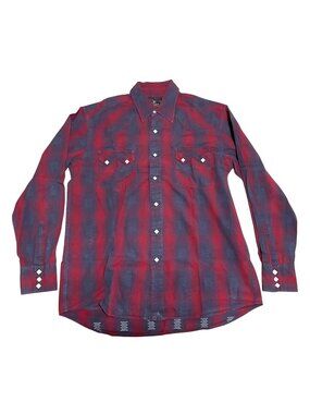 Lucky Brand Pearl Snap Western Shirt Sz M Red Blue Gray 100% Cotton Long Sleeve